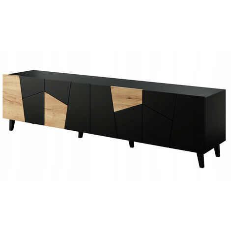 Meuble TV 200x52x42 cm noir mat/noir + chêne artisanal VISO meuble Hi-fi luxueux sur pieds (1/3)