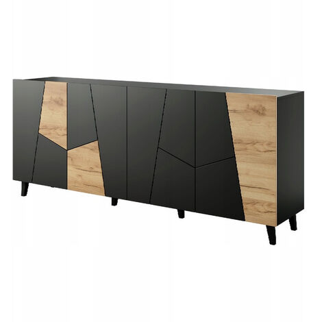Bb-Loisir – Commode de rangement 200x82x42 cm noir mat et chêne artisanal – Résistance élevée – Panneau MDF laminé – Pieds en plastique 12 cm (1/3)