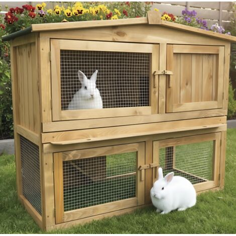 Bb-Loisir – Cage clapier pour lapin extérieur – Bois de pin massif – 100 x 52 x 92 cm – 2 niveaux avec toit ouvrable – Accès facile par 4 portes (1/5)