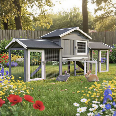 Bb-Loisir – Cage clapier enclos lapin extérieur en bois 210x54x85,5cm – Grand espace avec rampe en bois – Accès facile par 4 portes – Résistant aux intempéries