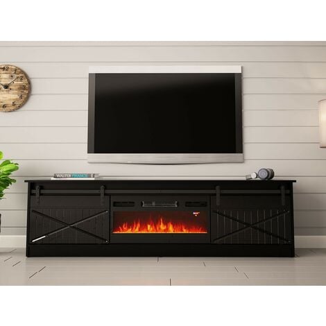 Meuble TV Noir brillant 190x49x37cm Avec Cheminée chauffante intégrée ROXA  à poser