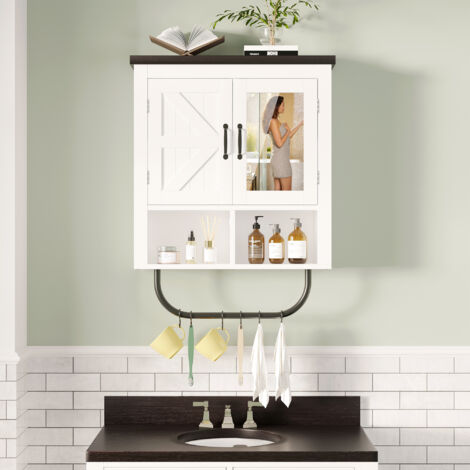 Farmhouse Double Door Wall Mounted Bathroom Cabinet with Mirror and Towel, White