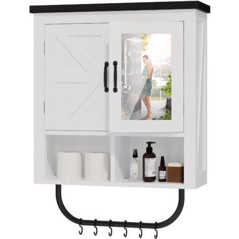 Farmhouse Double Door Wall Mounted Bathroom Cabinet with Mirror and Towel, White