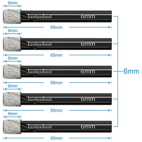 5 PCs Dry Diamond Drill Bits Set 6mm Round Shank Brazed Holes Saw Bit for Ceramic Marble Tile Hard Materials