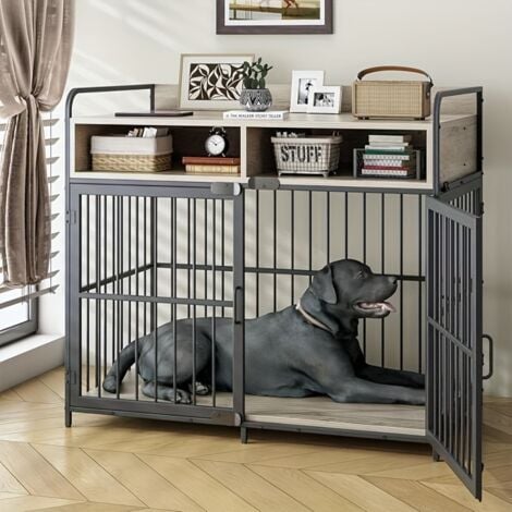 Large Furniture Dog Crate, Dog Kennel Indoor, Wood Dog Cage Table with Drawers Storage, Heavy Duty Dog Crate, Jaula para Perros, Sturdy Metal - Blcak