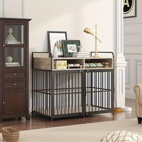 Large Furniture Dog Crate, Dog Kennel Indoor, Wood Dog Cage Table with Drawers Storage, Heavy Duty Dog Crate, Jaula para Perros, Sturdy Metal - Blcak