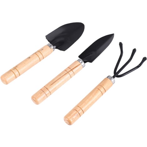 Set of 3 Mini Garden Tool Hand Planting Tools Small Shovel Rake Spade Wood Handle