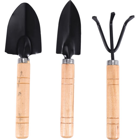 Set of 3 Mini Garden Tool Hand Planting Tools Small Shovel Rake Spade Wood Handle