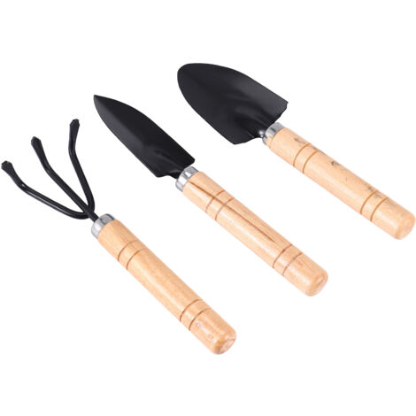 Set of 3 Mini Garden Tool Hand Planting Tools Small Shovel Rake Spade Wood Handle