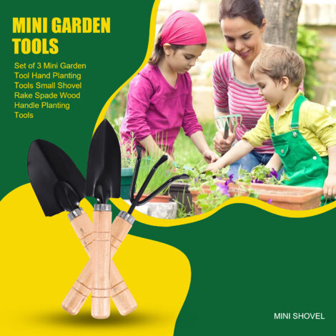 Set of 3 Mini Garden Tool Hand Planting Tools Small Shovel Rake Spade Wood Handle