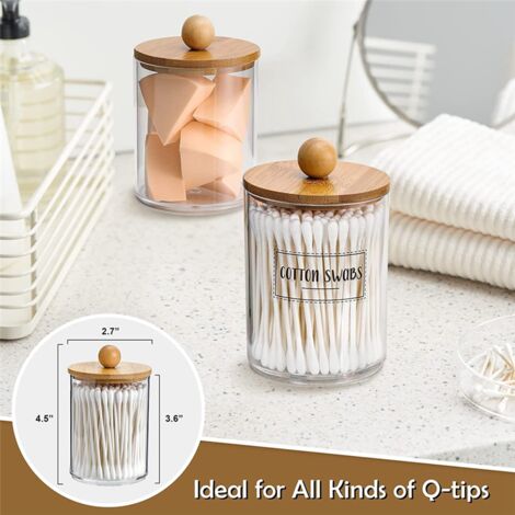 Qtip Holder, Bathroom Organizer Accessories Storage Containers Clear Plastic Jars with Bamboo Lids for Cotton Ball,Floss
