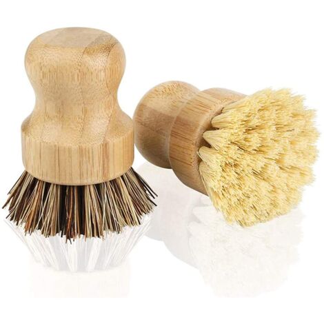 2 Pcs Bamboo Dish Brush Mini Bamboo Scrub Brush Pot Brushes Dish Scrubber for Cast Iron Pan, Kitchen Sink, Bathroom
