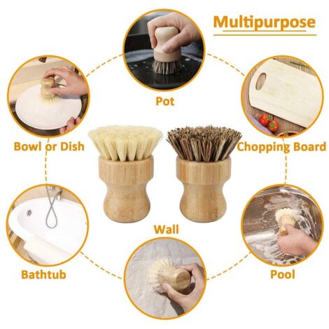 2 Pcs Bamboo Dish Brush Mini Bamboo Scrub Brush Pot Brushes Dish Scrubber for Cast Iron Pan, Kitchen Sink, Bathroom