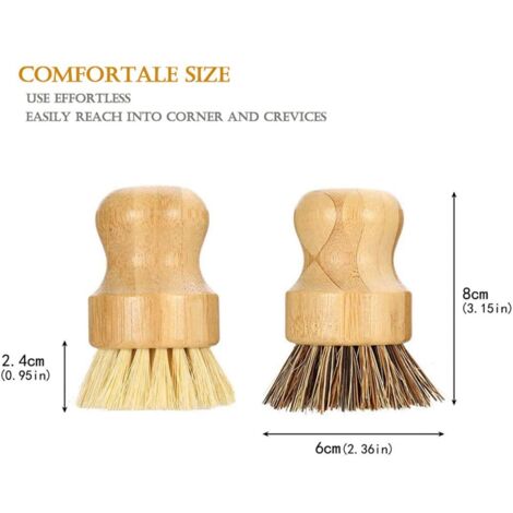 2 Pcs Bamboo Dish Brush Mini Bamboo Scrub Brush Pot Brushes Dish Scrubber for Cast Iron Pan, Kitchen Sink, Bathroom