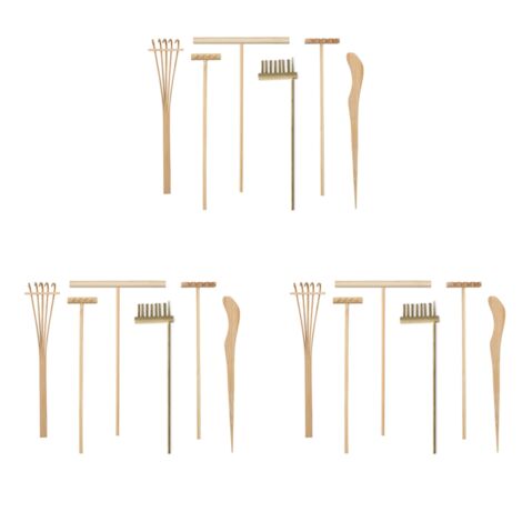 3X Mini Japanese Garden Rake Bamboo Tool Set, Sand Therapy Toy Kit Wood Tray for Meditation Spiritual Peace