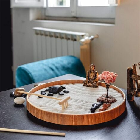 3X Mini Japanese Garden Rake Bamboo Tool Set, Sand Therapy Toy Kit Wood Tray for Meditation Spiritual Peace