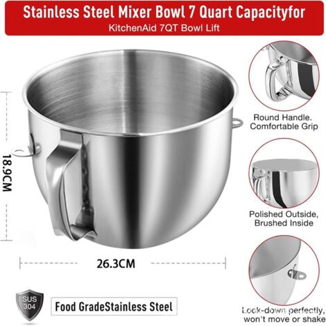 7QT Stainless Steel Mixer Bowl for Tilt-Head Mixers KSM70SKXXV8 KSM70SKXXCA KSM70SKXXBK with Handle