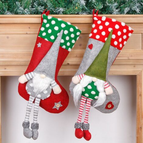 Christmas Stocking Red Green Polka Dot Long Legs Faceless Doll Xmas Socks Gift Bag Holder New Year 2022