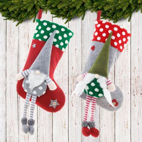 Christmas Stocking Red Green Polka Dot Long Legs Faceless Doll Xmas Socks Gift Bag Holder New Year 2022