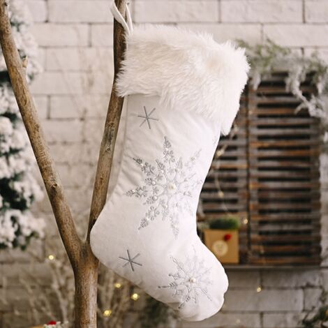 Snowflakes Christmas Stockings Pearl Plush Candy Socks Gifts Bag Xmas Tree Hanging Ornament Fireplace Decoration Silver
