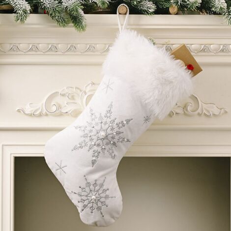 Snowflakes Christmas Stockings Pearl Plush Candy Socks Gifts Bag Xmas Tree Hanging Ornament Fireplace Decoration Silver