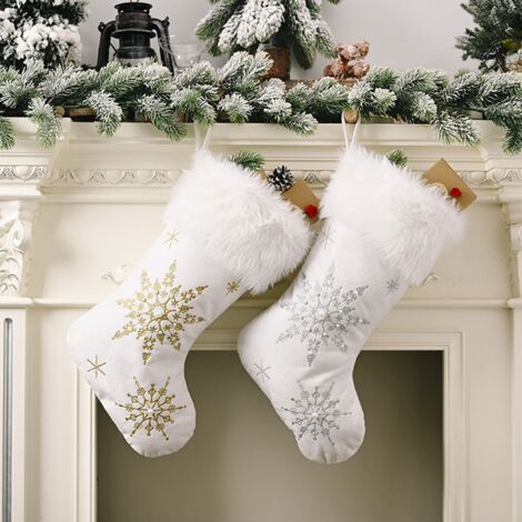 Snowflakes Christmas Stockings Pearl Plush Candy Socks Gifts Bag Xmas Tree Hanging Ornament Fireplace Decoration Silver