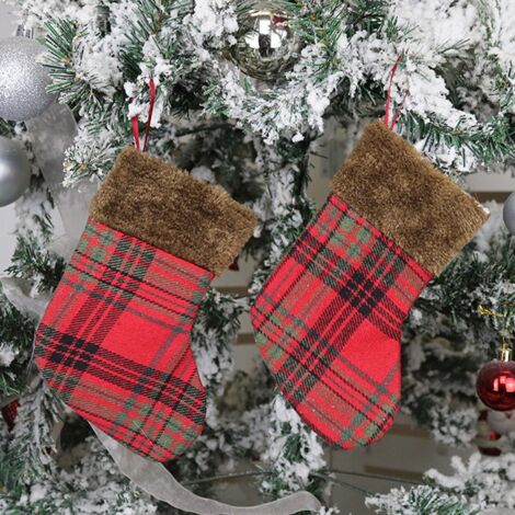 10pcs Christmas Stockings Fabric Santa Claus Sock Gift Kids Candy Bag Snowman Deer Decoration For Christmas Tree