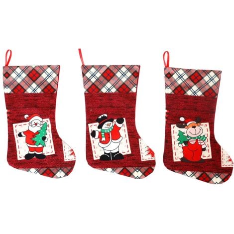 Christmas Stockings, 3 Pack Fireplace Christmas Tree Hanging Stockings for Family Holiday Decor, Santa Claus/Snowman/Elk