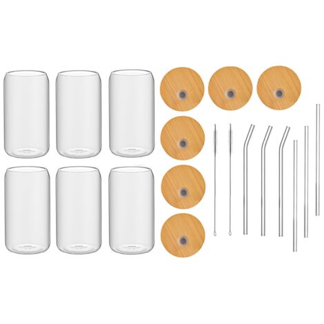 6Pcs Set Drinking Glasses with 6 Bamboo Lids and 6 Glass Straws, 16Oz ...