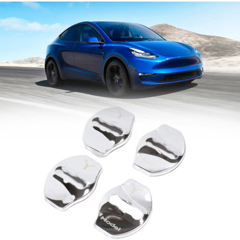 4pcs Car Door Lock Buckle Cover For Tesla Model Y Accessories Door Lock Sticker Automobile decoration Silver