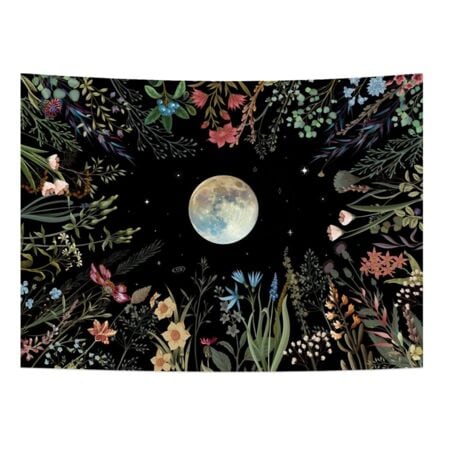 Moonlit Garden Tapestry Moon Flower Colorful Plants Wall Hanging Decor for Room B