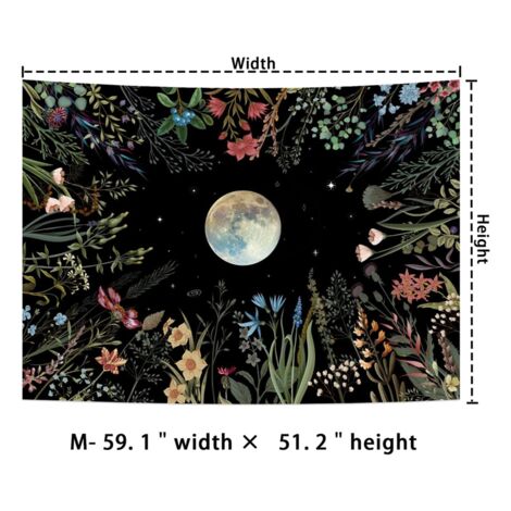 Moonlit Garden Tapestry Moon Flower Colorful Plants Wall Hanging Decor for Room B