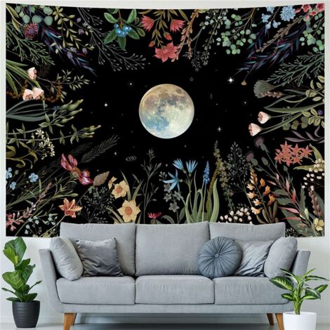 Moonlit Garden Tapestry Moon Flower Colorful Plants Wall Hanging Decor for Room B