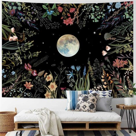 Moonlit Garden Tapestry Moon Flower Colorful Plants Wall Hanging Decor for Room B