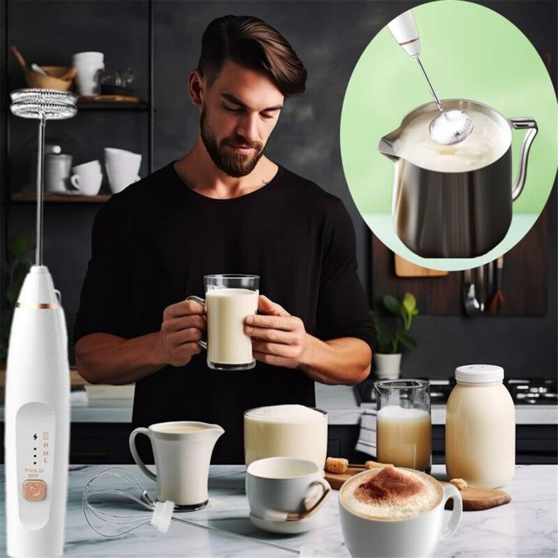 HAUSHOF USB Milchaufschäumer - Wiederaufladbarer Handschäumer Mit Edelstahlbesen Für Perfekten Cappuccino-Schaum