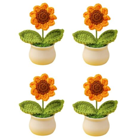 4 Stck Mini-Sonnenblumen-Topfpflanzen zum Hkeln, knstlich gestrickt mit  Topf, handgefertigt fr Auto-Ornamente