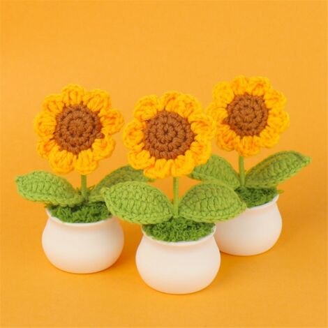 4 Stck Mini-Sonnenblumen-Topfpflanzen zum Hkeln, knstlich gestrickt mit  Topf, handgefertigt fr Auto-Ornamente
