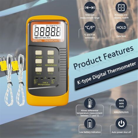 Digitales K-Typ Thermometer 2-Kanal – Messbereich -50 Bis 1300°C, Mit 2 Sensoren & Differenzanzeige