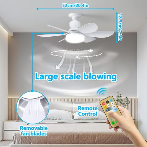 ODIPIE Ventilatore da soffitto, Ventilatore da soffitto silenzioso, Lampada da soffitto 40W con attacco E27, 6 pale, 3 velocità, Silenzioso, per soggiorno, camera da letto, cameretta (52 cm)
