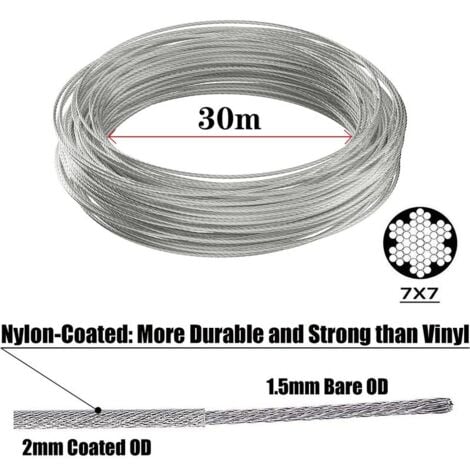30m Stainless Steel Hanging Rope Kit, 2mm Coated Stainless Steel Cable with Turnbuckle and Hooks, for Light Hanging, Climbing Plant, Clothesline, Pergola Curtain, Railing.
