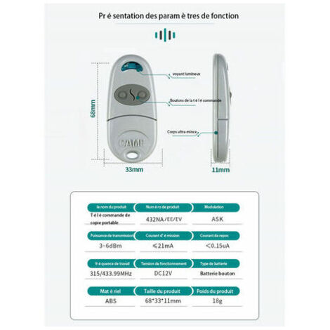 Accessory for Remote Control Came TOP432NA 3 pieces. Fixed code frequency 433.92 MHz.