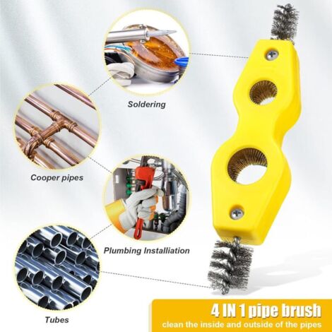 Copper Pipe Cleaning Brush, Set of 4, 4-in-1 Copper Pipe Brush, Cleans Inside and Outside, Thread Cleaner, Plumber's Brush, Cleaning Tool for Plumbing, Soldering, Brazing (Yellow)