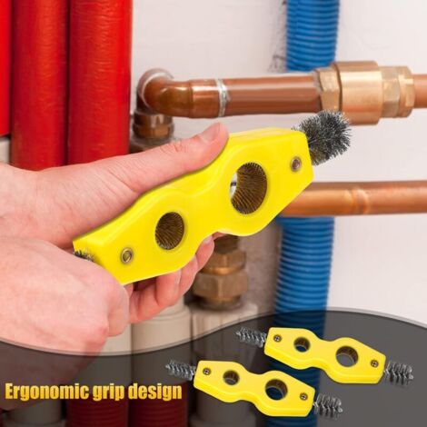Copper Pipe Cleaning Brush, Set of 4, 4-in-1 Copper Pipe Brush, Cleans Inside and Outside, Thread Cleaner, Plumber's Brush, Cleaning Tool for Plumbing, Soldering, Brazing (Yellow)