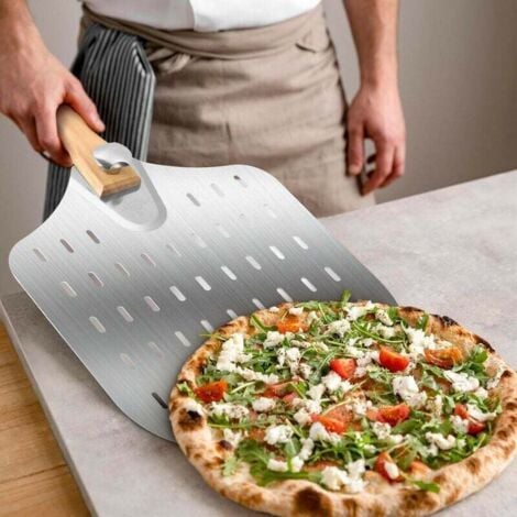 Perforated pizza peel, stainless steel pizza peel, 36 x 31 cm, pizza peel with removable handle, durable and lightweight
