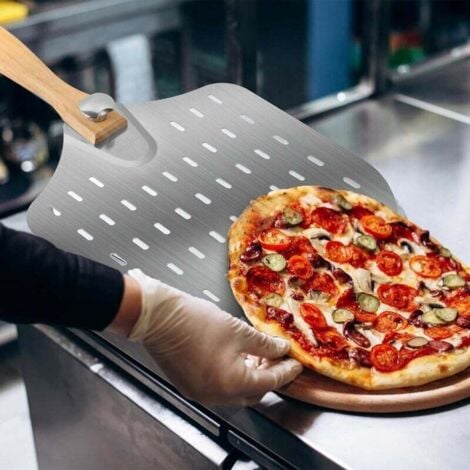 Perforated pizza peel, stainless steel pizza peel, 36 x 31 cm, pizza peel with removable handle, durable and lightweight
