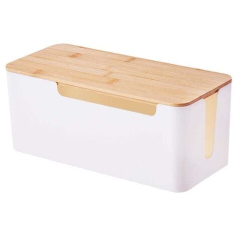 Cable Management Box, Cable Storage Box with Bamboo Cover, Cable Hiding Box for Organizing Computer Cables, Loose Wires, Hiding Cables (White)