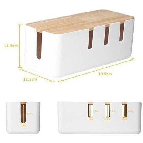 Cable storage box 30.5 x 12.5 x 11.5 cm, wooden lid, cable organizer for desk, TV, computer, USB hub system for hiding power strips