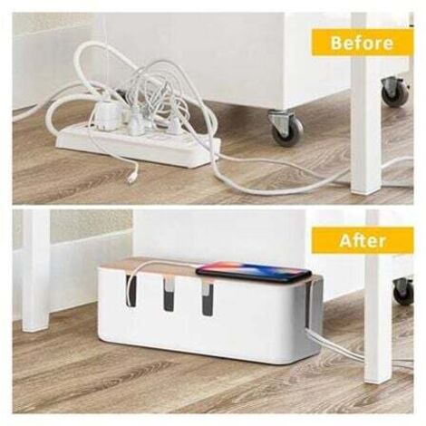 Cable storage box 30.5 x 12.5 x 11.5 cm, wooden lid, cable organizer for desk, TV, computer, USB hub system for hiding power strips
