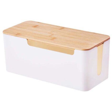 [NEVER USED] Cable Management Box, Cable Storage Box with Bamboo Cover, Cable Hiding Box for Organizing Computer Cables, Loose Wires, Hiding Cables (White)