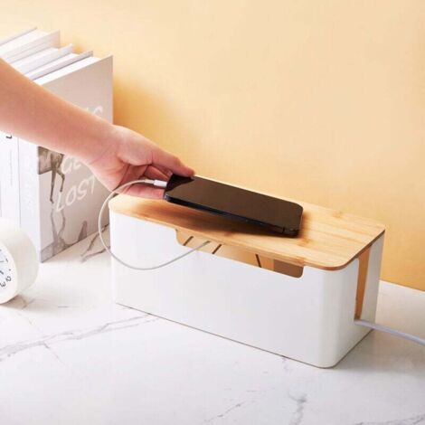 [NEVER USED] Cable Management Box, Cable Storage Box with Bamboo Cover, Cable Hiding Box for Organizing Computer Cables, Loose Wires, Hiding Cables (White)